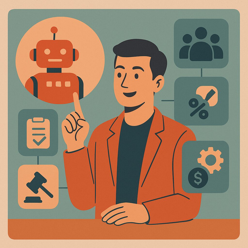 "Illustration of a business professional using vertical AI technology for small and medium-sized business (SMB) operations, featuring icons for automation, legal compliance, HR management, pricing strategy, and financial optimization with a central robot representing AI integration.