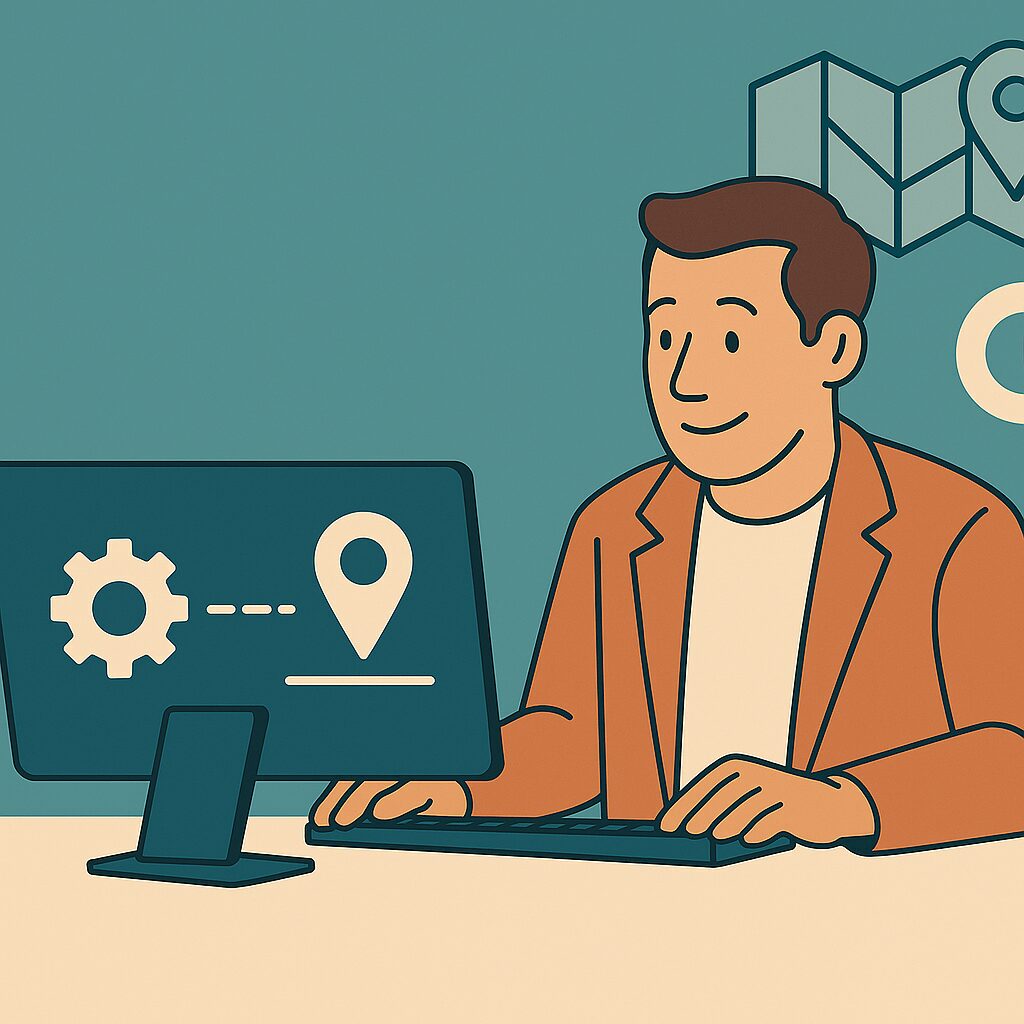 Illustration of a man in an orange blazer working on a computer displaying a gear and location pin icon, with a map and Google 'G' symbol in the background.