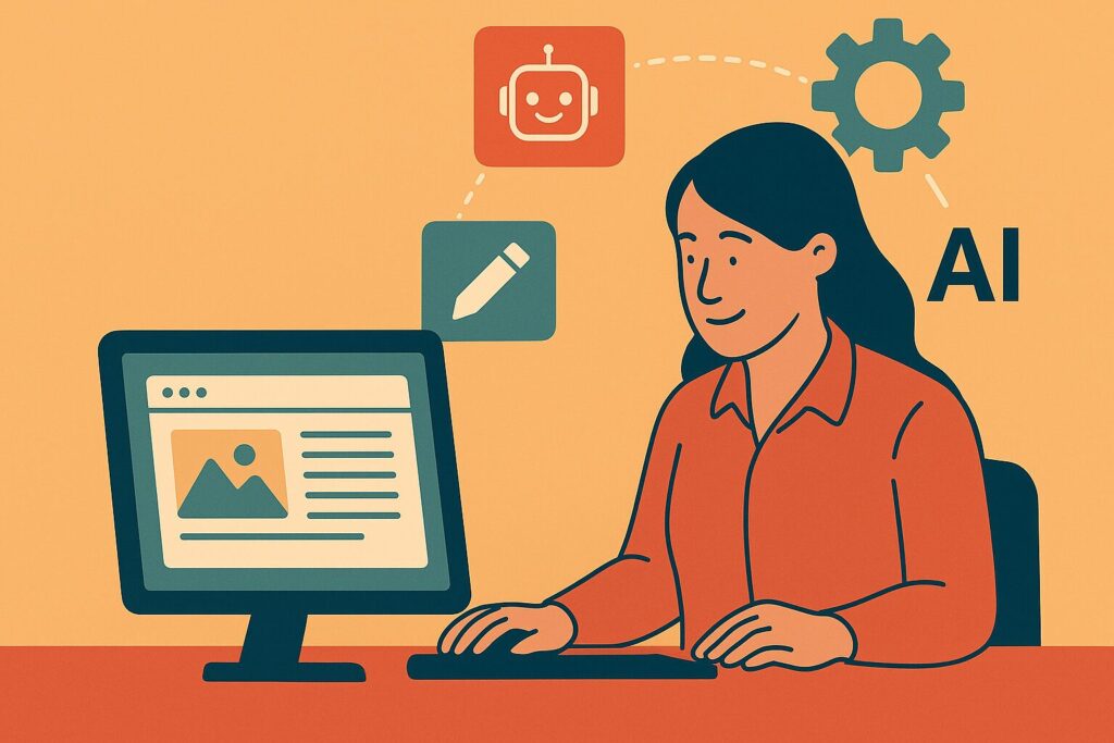 Illustration of a woman using AI-powered tools for content management at a computer, surrounded by icons representing artificial intelligence, automation, and digital content creation
