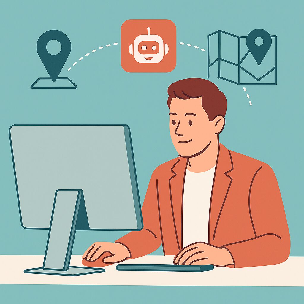 Illustration of a man using a computer with AI, location pins, and a map interface, representing AI-assisted navigation or smart mapping technology.