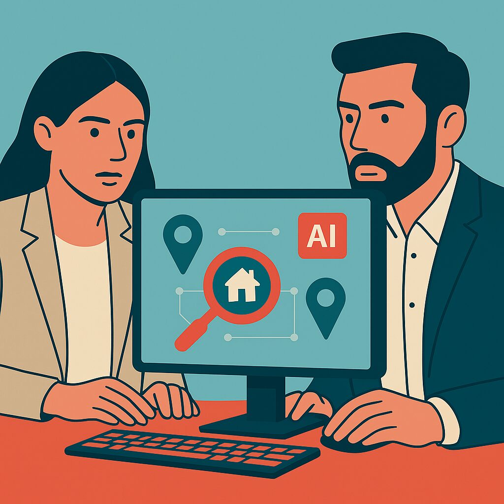 Two business professionals analyzing local SEO data on a computer screen with AI-powered tools and location markers