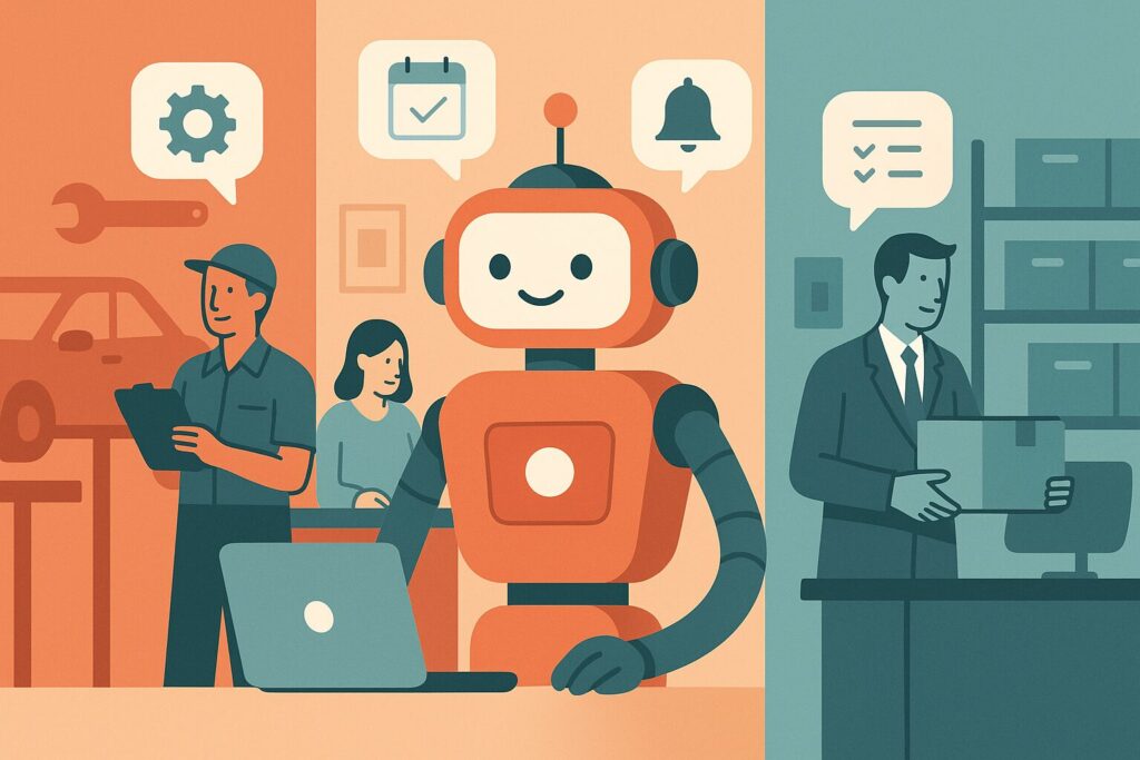An illustration showing a cheerful robot assistant in the center, working on a laptop. On the left, there's an auto repair technician holding a clipboard with a gear icon above him, and a customer standing nearby. On the right, a suited worker is handling a package in a storage room, with a checklist icon above him. Speech bubbles with icons like a gear, calendar, bell, and checklist represent task automation and AI support in different industries. The scene is split into warm (left) and cool (right) color schemes, highlighting varied environments.