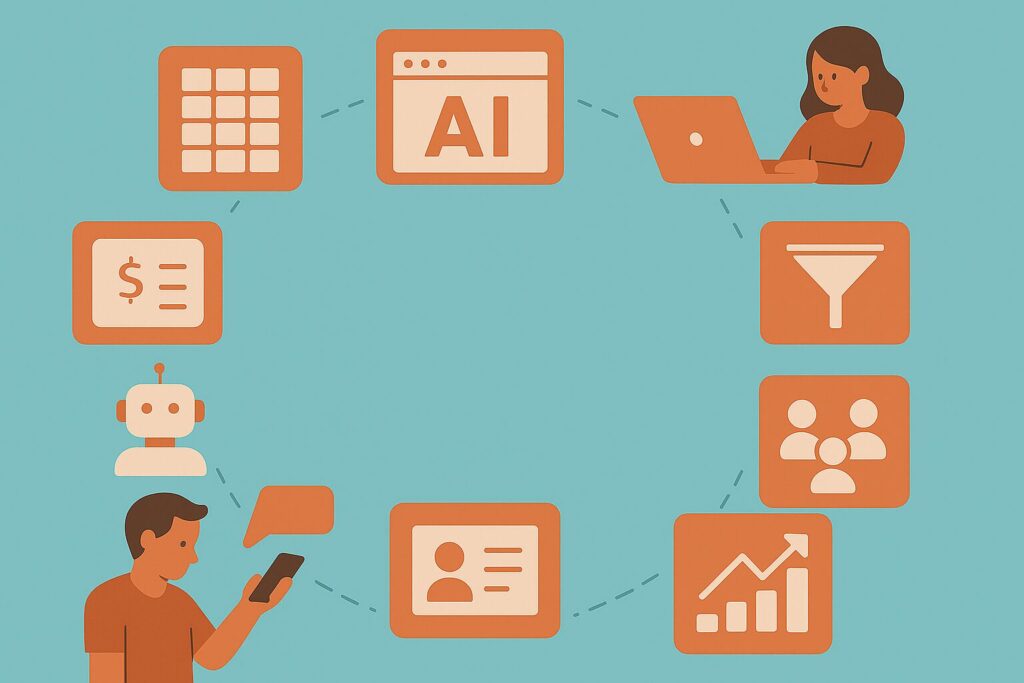 Illustration of AI tools for small business growth, featuring icons like chatbot, analytics, CRM, automation, and team collaboration, arranged in a circular flow on a teal background.