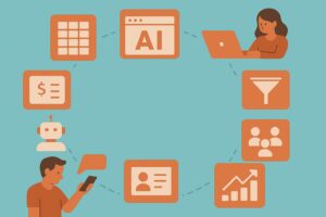 Illustration of AI tools for small business growth, featuring icons like chatbot, analytics, CRM, automation, and team collaboration, arranged in a circular flow on a teal background.