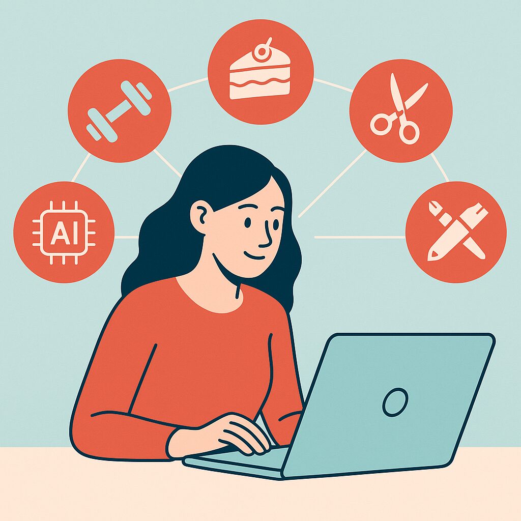 A smiling woman with dark hair sits at a light blue laptop, typing. Surrounding her in orange circles are icons representing various interests: a dumbbell (fitness), a slice of cake with a cherry (food/dessert), scissors (crafts/DIY), a paintbrush and pencil crossed (art/creativity), and a circuit board with "AI" (artificial intelligence/technology). The background is a light blue. This illustration likely represents a person exploring diverse hobbies and interests online or engaging with AI-powered tools related to these areas.