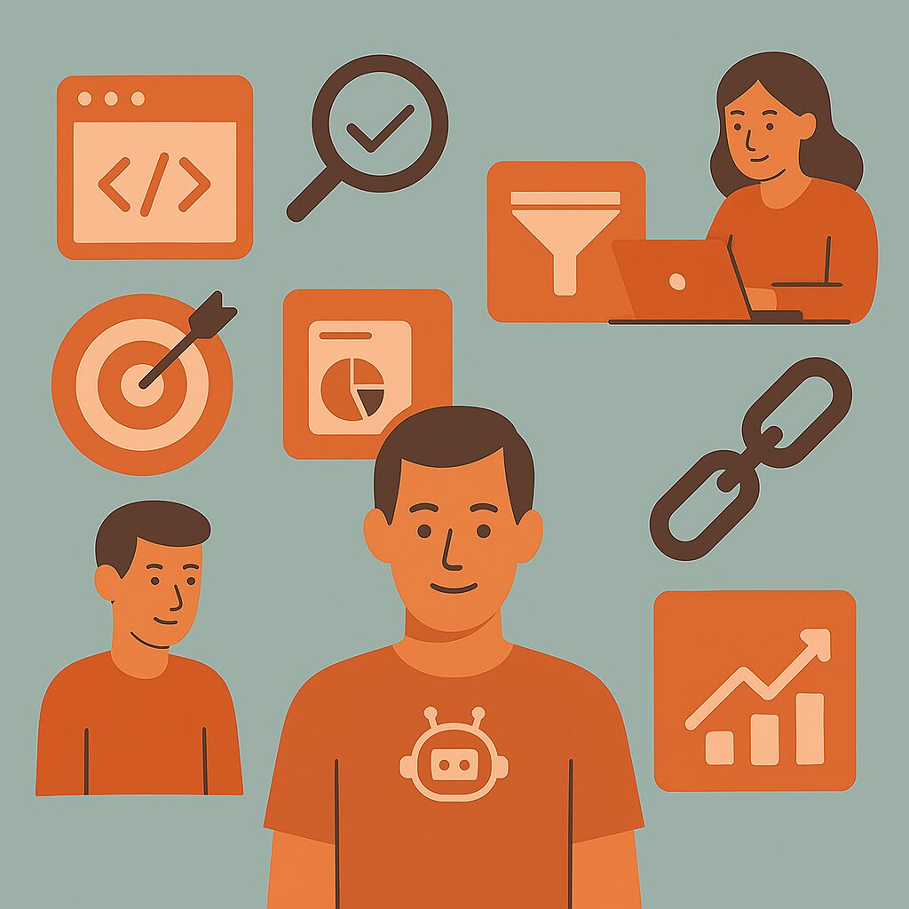 Flat-style illustration of people and icons representing AI-powered SEO tools including link building, data analysis, coding, and content optimization