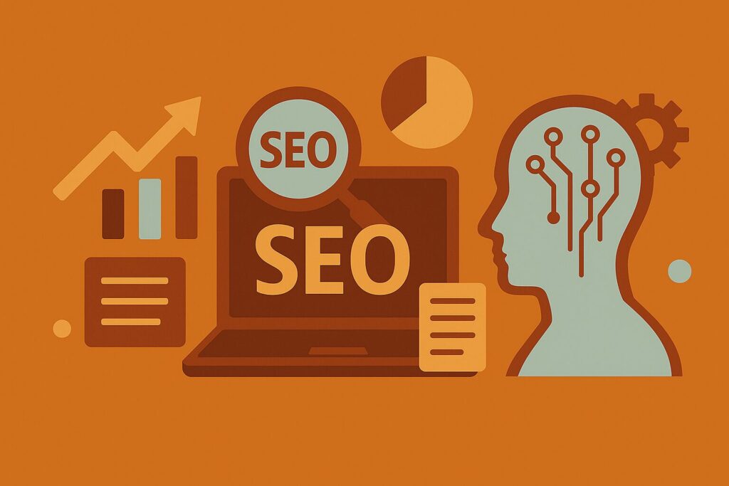Illustration of SEO optimization featuring a laptop, magnifying glass with 'SEO', analytics charts, and a human head with circuitry symbolizing AI and digital strategy.