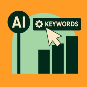 Illustration of AI-powered keyword research featuring a bar graph, a large pointer clicking on a 'Keywords' button with a gear icon, and the letters 'AI' on a signpost, all set against a green and orange background