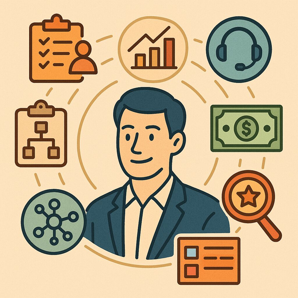 Illustration of a small business owner surrounded by icons representing operations management, finance, customer service, marketing, and AI-powered analytics.