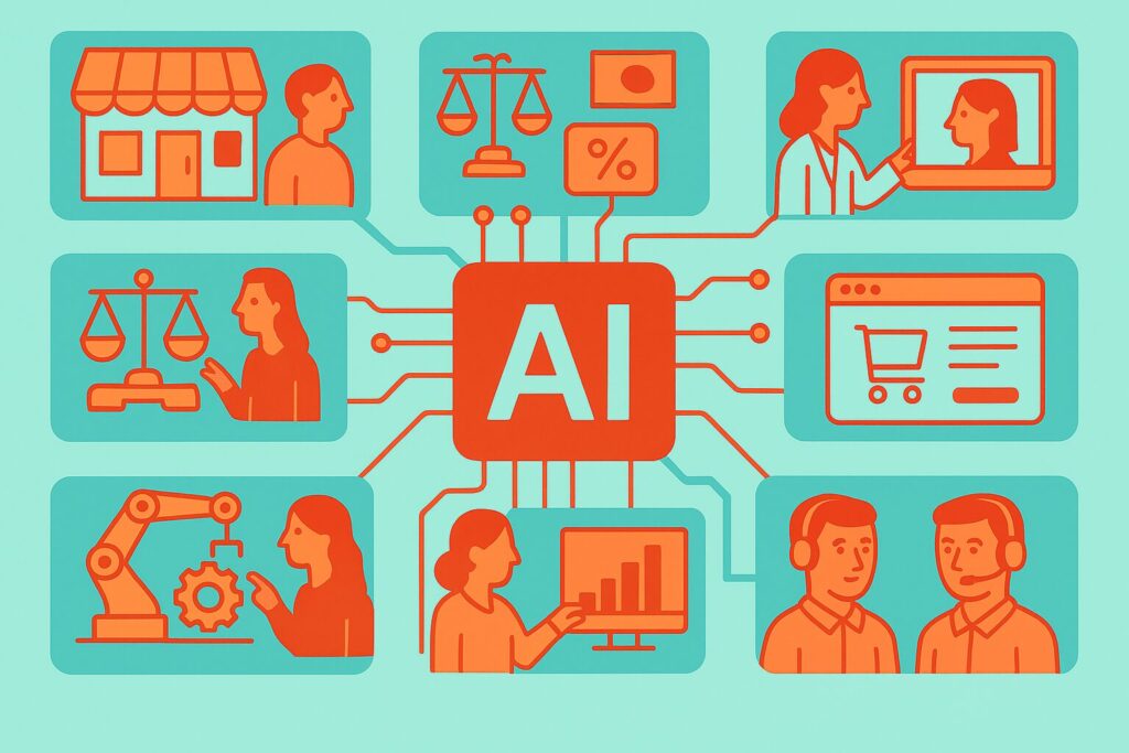 Illustration showing various applications of AI in business, including customer support, e-commerce, legal, finance, healthcare, manufacturing, and data analysis