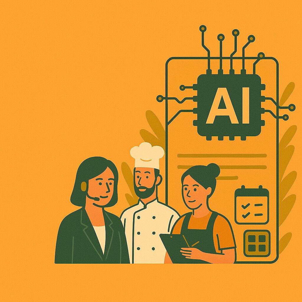 Illustration of three professionals—a customer service representative with a headset, a chef in uniform, and a worker holding a clipboard—standing in front of a large AI microchip icon with connected lines and symbols, representing artificial intelligence integration in various industries.